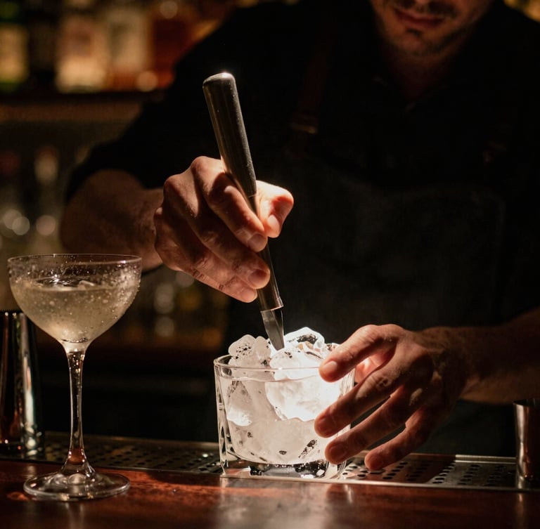 Intimate portrait crop of a bartender carefully carving clear ice under a warm, low-key spotlight, condensation-beaded cocktail glasses nearby, moody atmosphere.