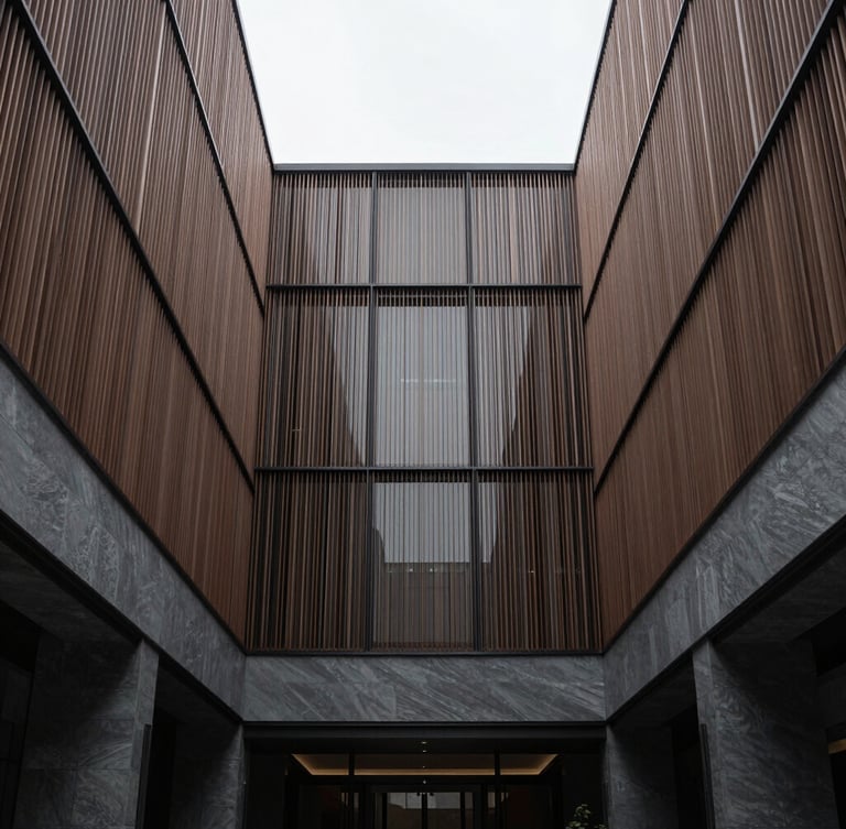 Symmetrical minimalist architectural crop of a luxury hotel atrium, soft overcast daylight, desaturated slate and bronze tones, medium format camera