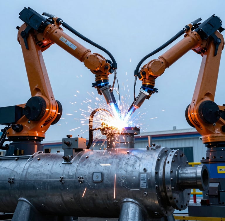 Close-up of industrial robotic welding on a massive steel pressure vessel, bright orange sparks, cold blue steel background, high contrast engineering photography