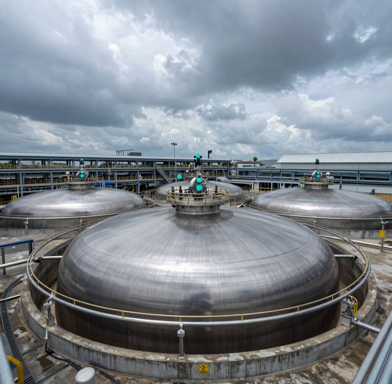 Wide-angle industrial engineering shot of massive steel surge vessels inside a modern water treatment plant, cold steel tones with safety-cyan indicators, dramatic daylight