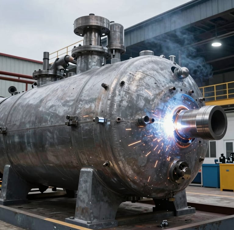 Close-up of high-precision heavy welding on a massive steel pressure vessel inside a modern Egyptian fabrication facility, industrial lighting