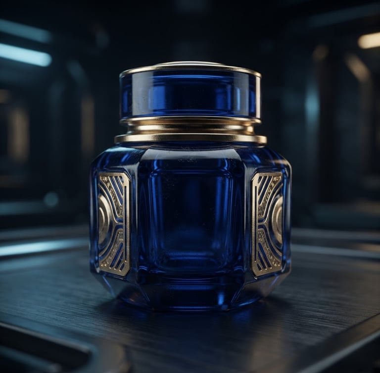 Sleek macro shot of premium deep blue glass jars with gold lettering, cool high-tech studio lighting, dark background, cinematic depth
