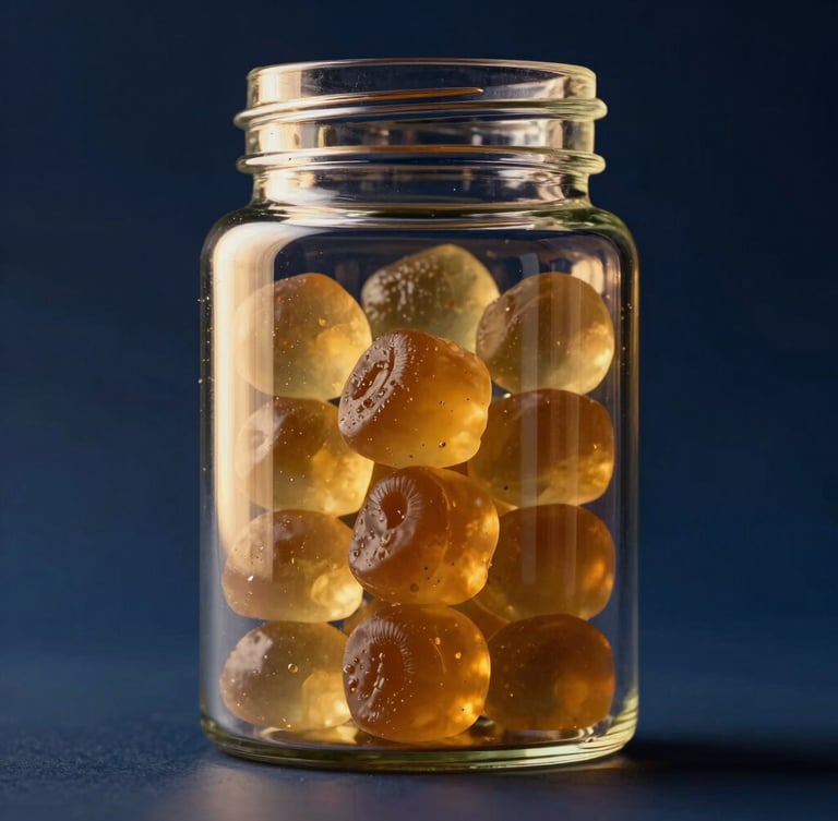 Macro product photography of premium Beauty Gummies in a sleek glass jar, sharp directional golden-hour highlights, deep midnight blue background, cinematic depth