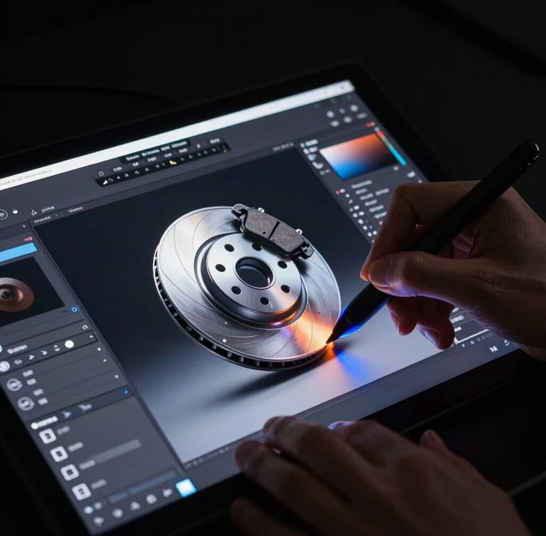 A digital artist using a stylus pen to design a 3D car brake rotor on a professional graphics tablet.