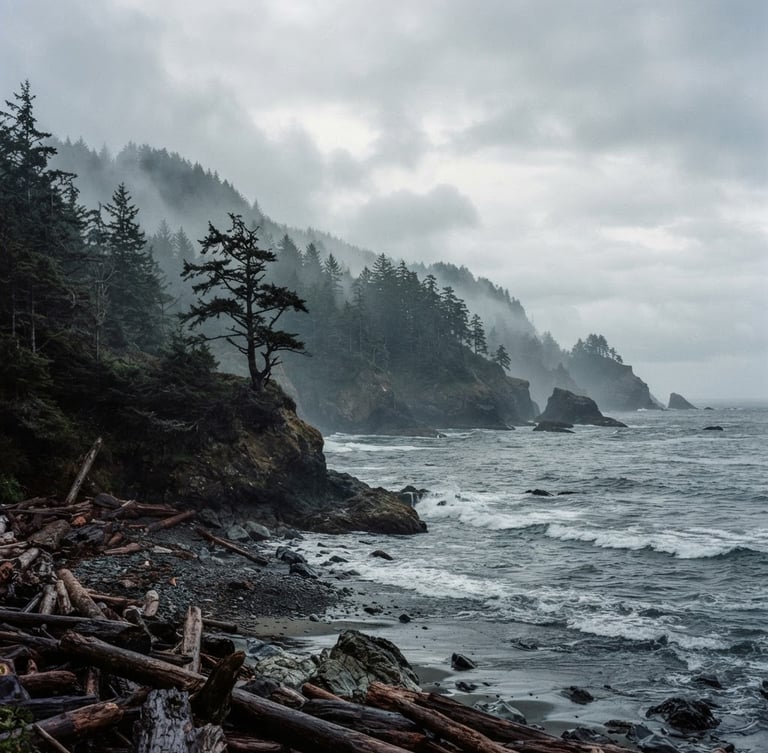 Overcast Pacific Northwest coastline with misty pine trees, desaturated slate tones, moody editorial photography, 35mm