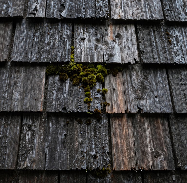 Macro shot of high-pressure water clean-cutting moss from weathered cedar shingles, moody PNW lighting, desaturated tones, 35mm