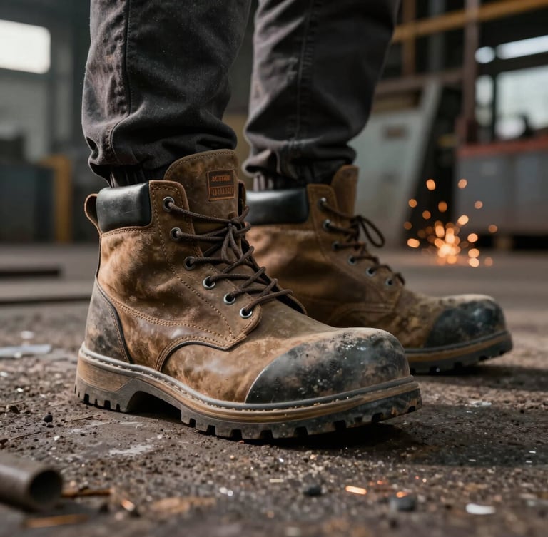 Low-angle heroic shot of heavy-duty safety boots on a gritty industrial steel mill floor, dramatic side-lighting highlighting the composite toe cap and deep tread rubber sole, sparks in the background