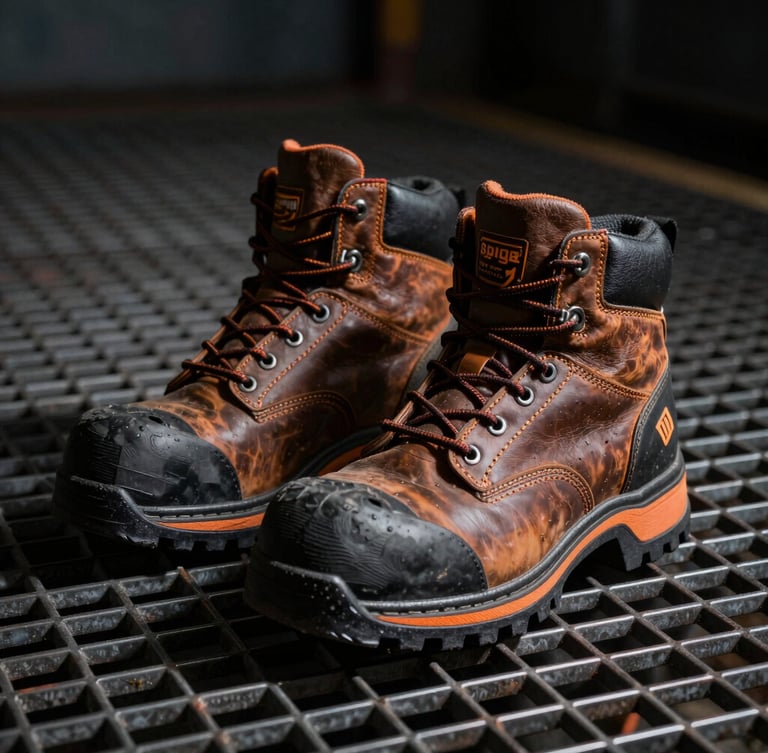 Low-angle heroic shot of heavy-duty industrial leather safety boots with orange accents on a dark metallic steel grid, dramatic side lighting, high contrast texture.