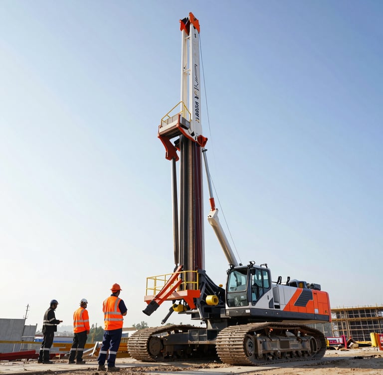 Low-angle heroic shot of a directional drilling rig on a construction site, crew in high-visibility gear nearby, crisp morning daylight, high-contrast cool tones with safety orange accents, wide-angle lens.