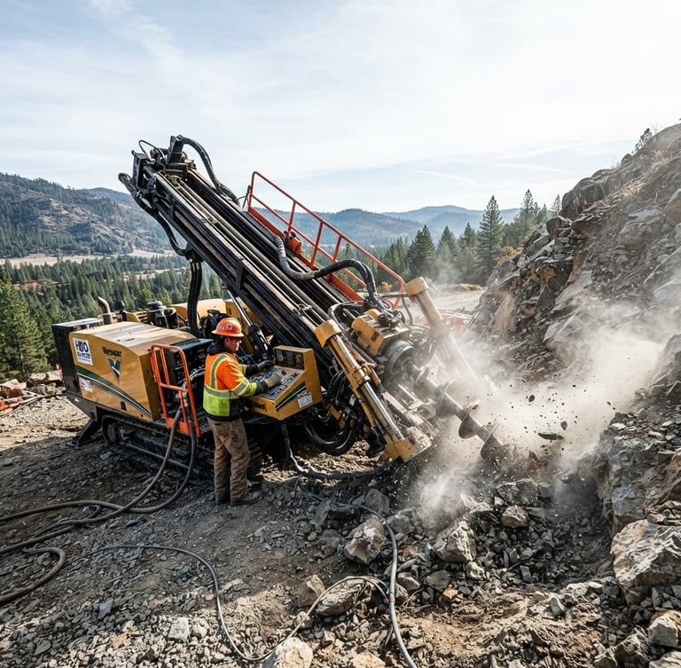 Wide-angle, low-angle shot of a large directional drilling rig actively boring into rocky terrain, high-contrast crisp morning daylight, safety orange accents on machinery, dust and rock fragments in motion, Northern California landscape in background.