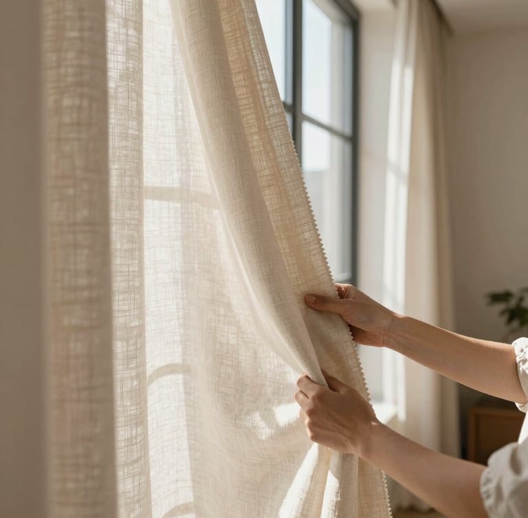 Hands of a designer holding elegant linen fabric swatches against a large window with soft natural daylight streaming through, warm minimalist aesthetic, architectural interior photography, 35mm lens
