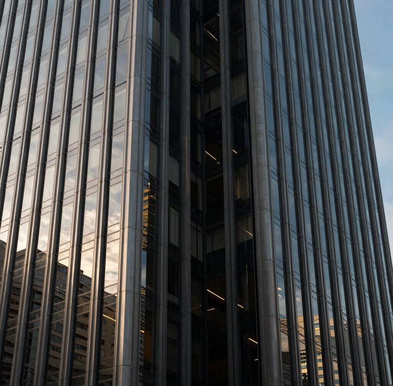 Wide panoramic shot of a modern corporate building facade in São Paulo, sharp glass and steel angles, natural late afternoon side-lighting with deep shadows, high-contrast architectural detail.