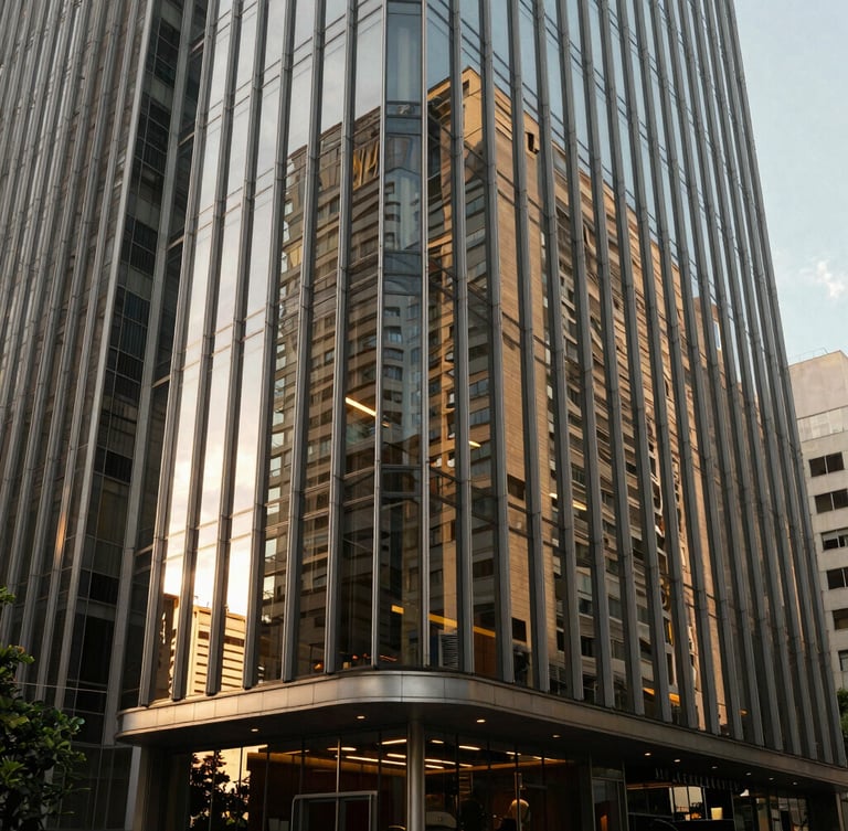 Architectural detail of a modern, high-end corporate law office in São Paulo, sharp glass reflections, warm side-lighting, deep shadows, professional atmosphere.