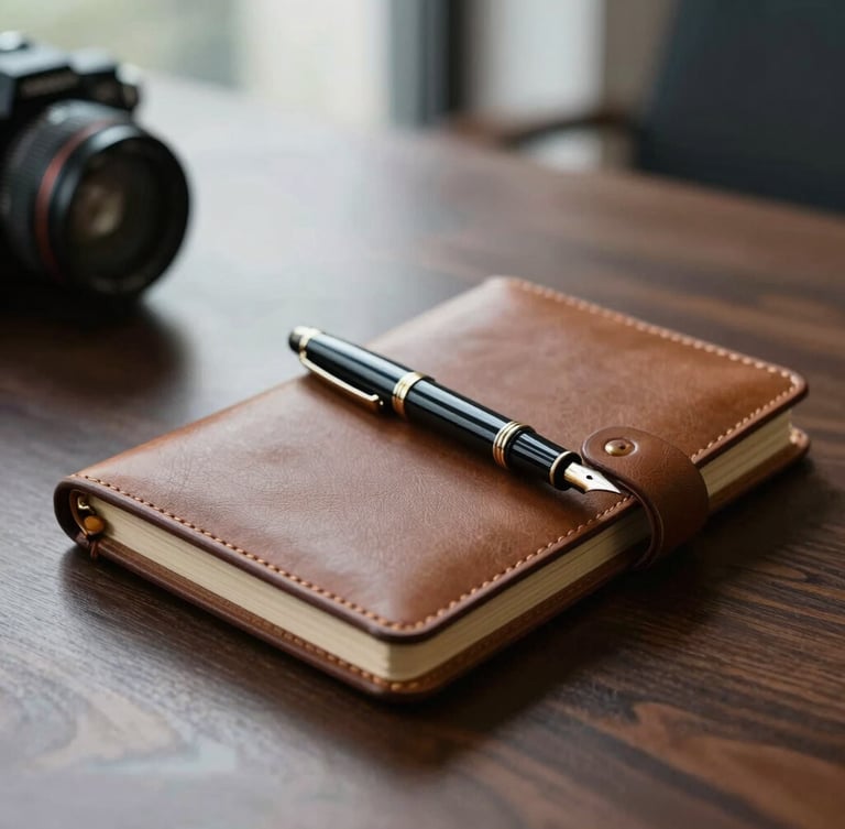 Close-up of a high-quality leather notebook and fountain pen on a dark walnut desk, soft side-lighting from a modern office window, shallow depth of field.