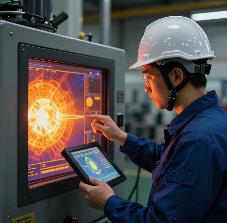 An industrial engineer in a safety helmet analyzing thermal imaging data on a handheld screen, focused on hot spots of heavy manufacturing machinery, crisp technical glow, 35mm