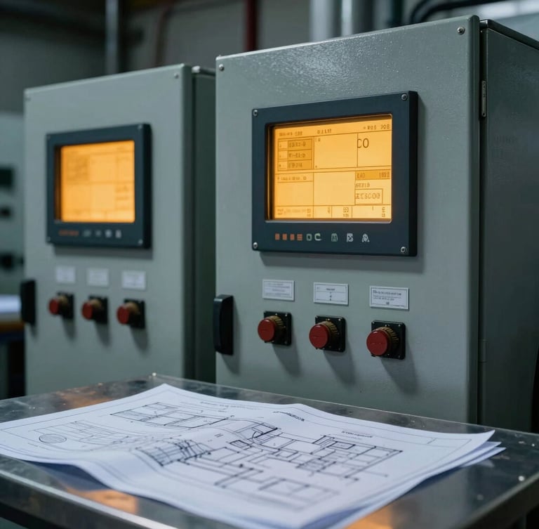 Close-up of a high-voltage electrical control panel with digital diagnostic screens glowing in amber, technical blueprints on a metal table in the foreground, dramatic industrial lighting, sharp focus, 35mm