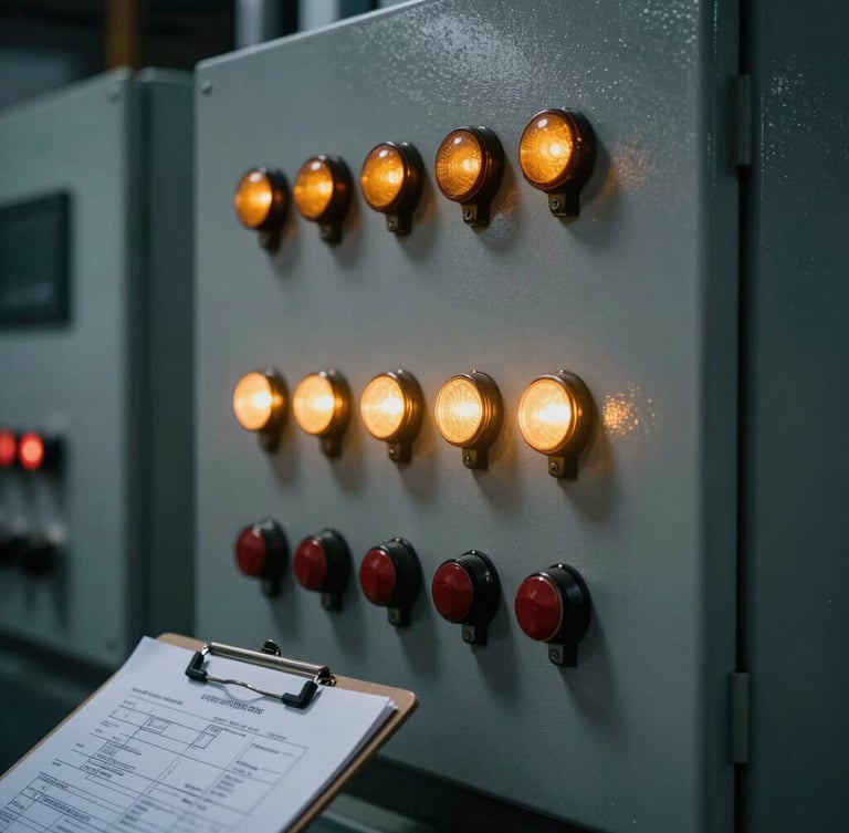 Medium close-up of an industrial electrical control panel with amber indicator lights, technical schematics visible on a clipboard, dramatic side lighting.