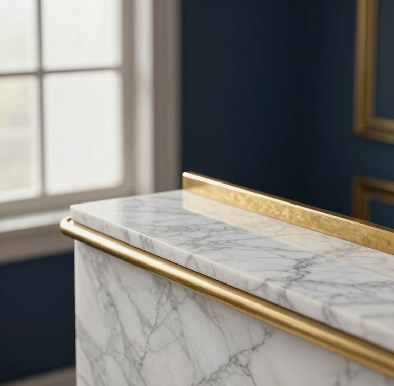 Close-up of premium architectural materials, polished white marble and subtle brass details, soft directional natural light, luxury editorial photography