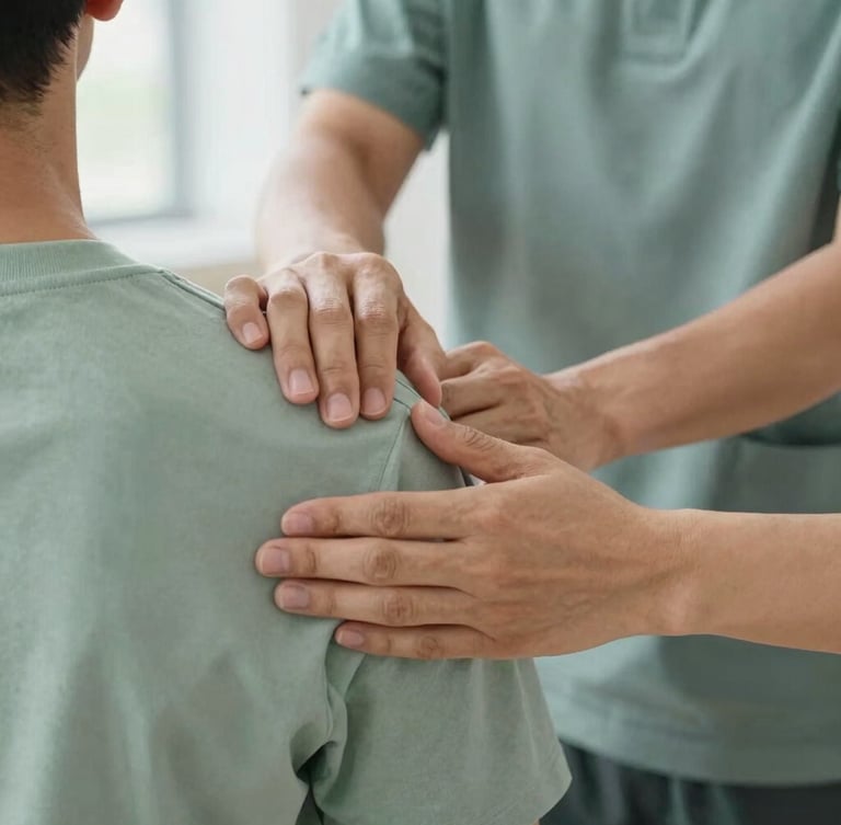 Close-up of professional hands-on manual physical therapy, a therapist gently manipulating a patient's shoulder joint, soft natural daylight, shallow depth of field