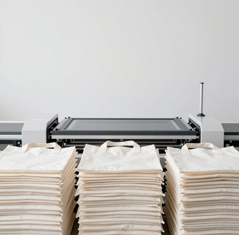 Minimalist clean factory studio, modern screen printing machine, neatly stacked finished tote bags, bright soft lighting, high-end production line, sharp focus