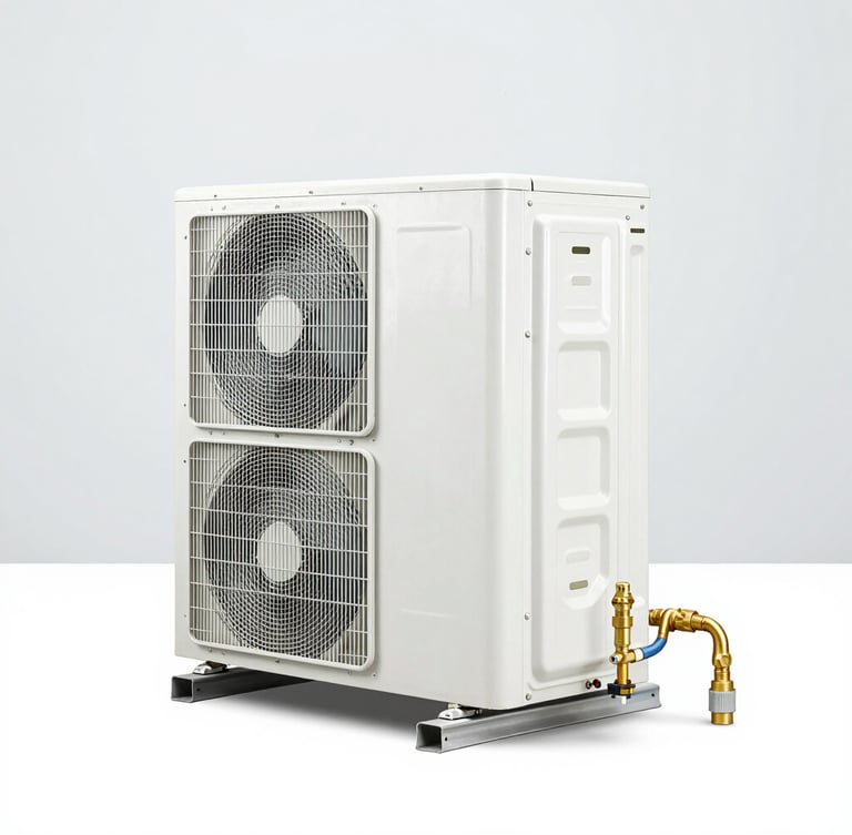 Bright high-key product photography of a clean outdoor AC condenser unit, brass line-set connections in sharp focus, cool-toned studio light, clean minimal slate-grey background, 50mm