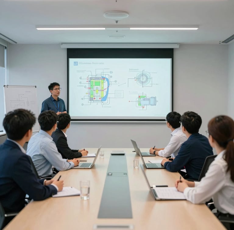 Wide shot of a modern, well-lit conference room with diverse mechanical engineers engaged in a technical seminar, projection screen showing engineering diagrams, clean professional photography, bright daylight, corporate blue and green tones, sharp focus, wide environmental framing, image bleeding to the left edge.