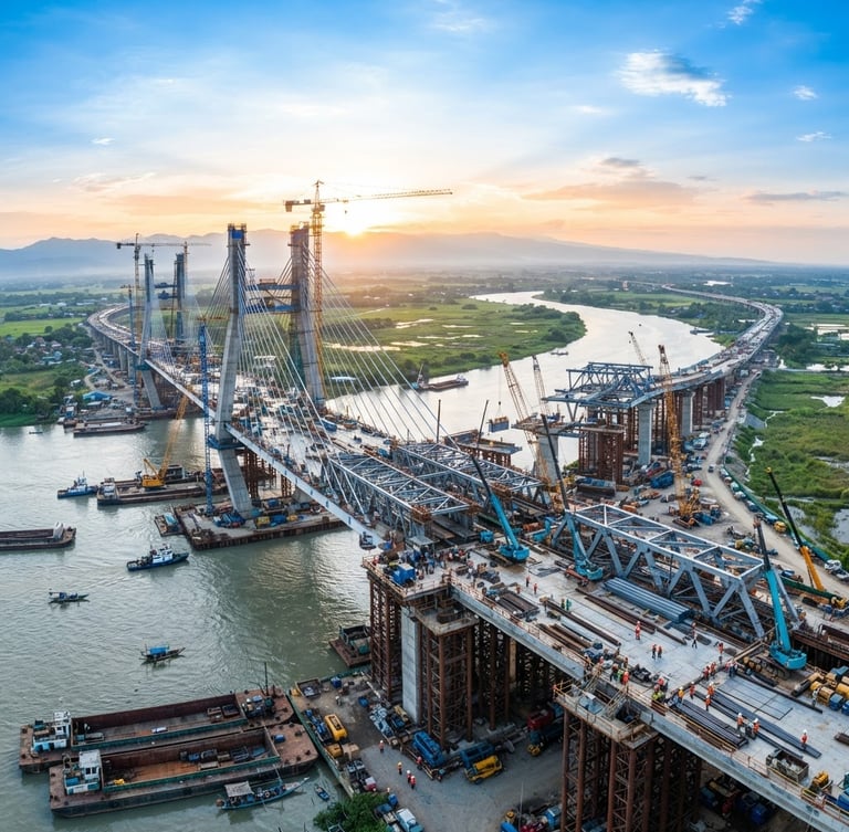 Wide panoramic view of a modern bridge under construction in Central Luzon at sunrise, showing structural steel and active construction, clean professional photography, bright daylight, corporate blue and green tones, sharp focus, wide environmental framing.