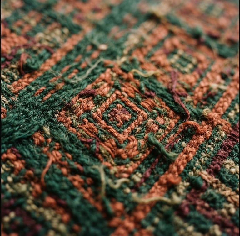 Macro detail shot of intricate handwoven Bhutanese textile textures with deep forest green and rich terracotta threads, soft misty daylight, 35mm lens