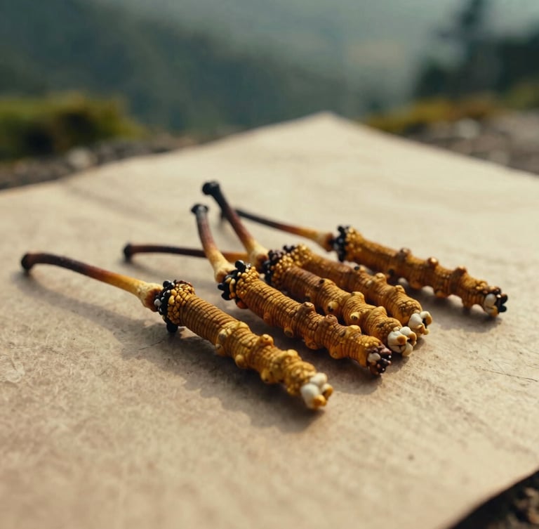 Close-up of whole, raw cordyceps lying on textured handmade Bhutanese paper, warm golden hour light, documentary style, 35mm lens.