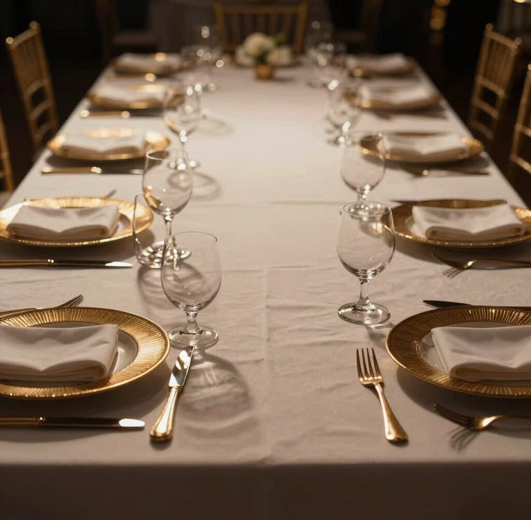 Cinematic wide-angle environmental shot of an immaculate state gala table setting, rich textures, golden accents, shallow depth of field, high-contrast shadows