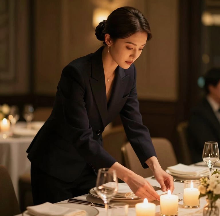 Cinematic luxury portrait of an elegant event coordinator in a dark tailored suit adjusting a formal table setting, warm candlelight glow, shallow depth of field, 35mm