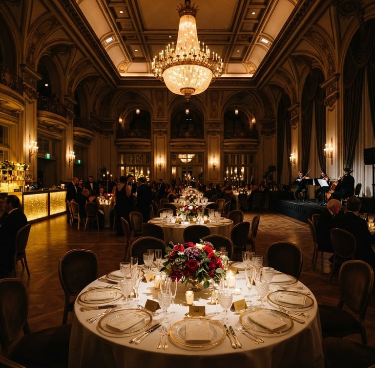 Cinematic wide-angle environmental shot of a grand ballroom setup with dramatic low-key lighting, warm golden highlights, and immaculate table settings, 35mm lens.