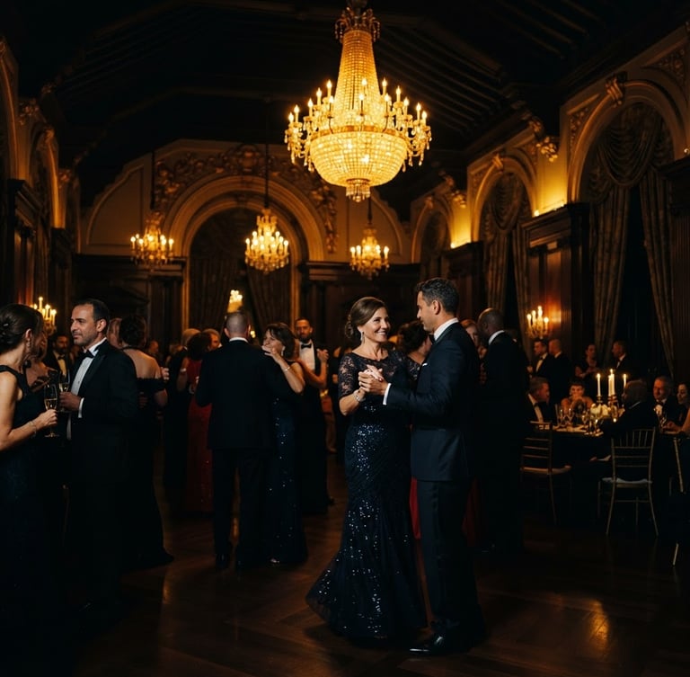 Cinematic luxury photography, dramatic low-key lighting, a grand ballroom setting in Malabo with warm golden chandeliers, deep shadows, 35mm