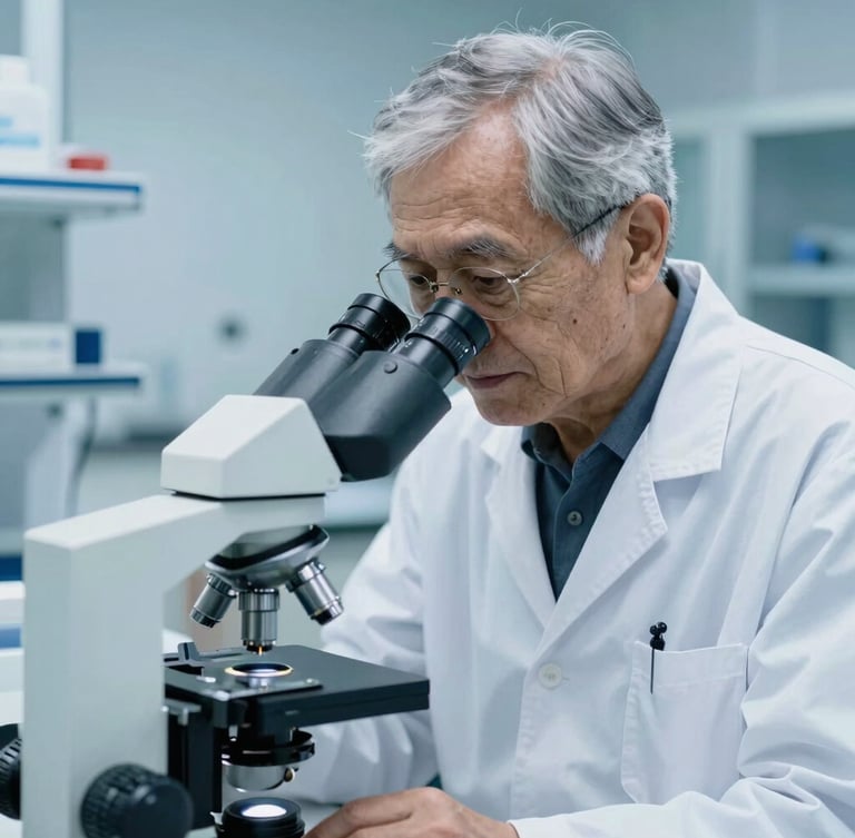 Portrait of a senior aquaculture scientist looking through a microscope in a sterile laboratory, clean white coat, cool blue background