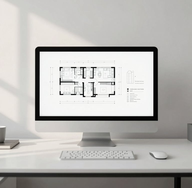 High-end minimal office workspace with large display showing architectural schematics, soft natural light, clean lines, 35mm