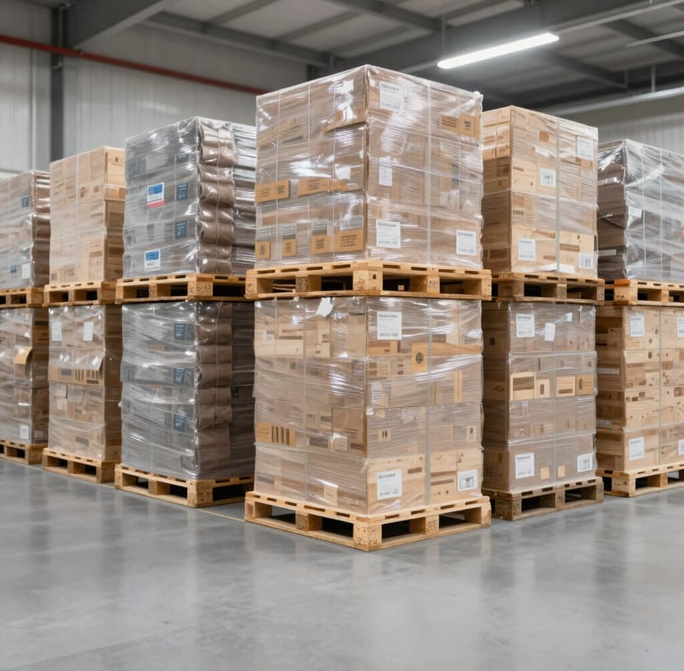 Wide panoramic shot of a modern, highly organized, clean temperature-controlled warehouse with neatly stacked wooden pallets of premium goods, soft industrial lighting
