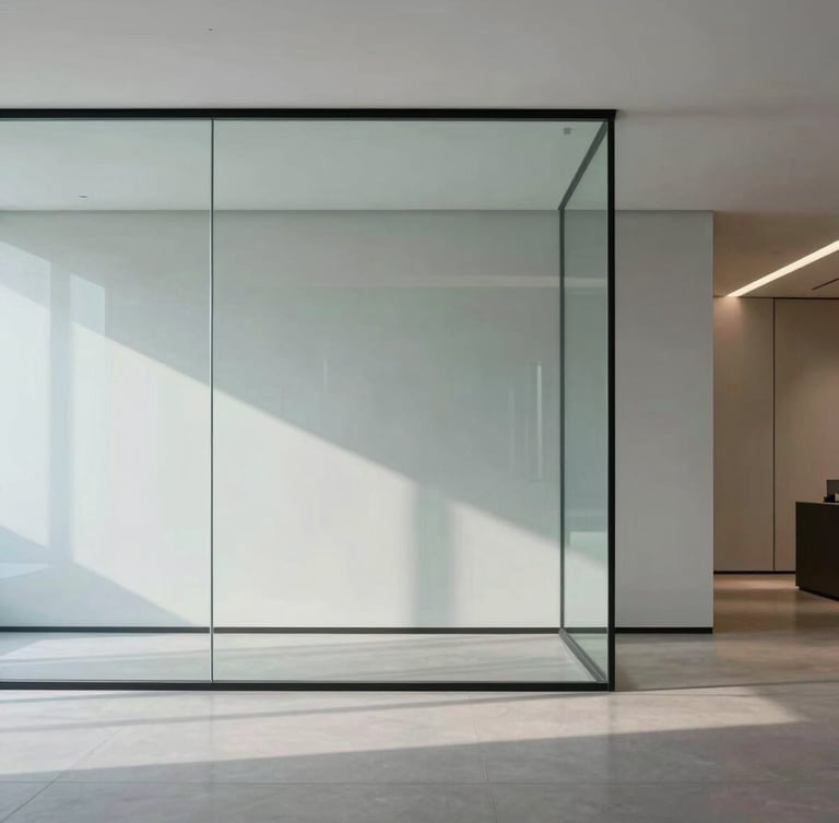 Minimalist high-end corporate office interior in New Delhi, clean glass partitions, soft cool-toned architectural shadows, professional atmosphere, 35mm photography