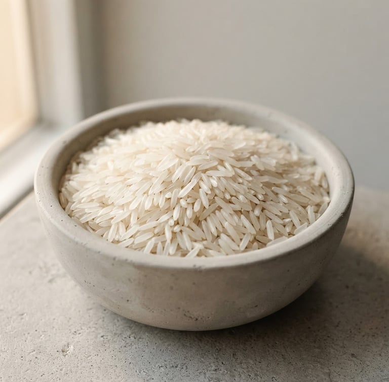 Macro photograph of polished organic basmati rice grains in a minimalist concrete bowl, warm natural window light, clean neutral background, 35mm