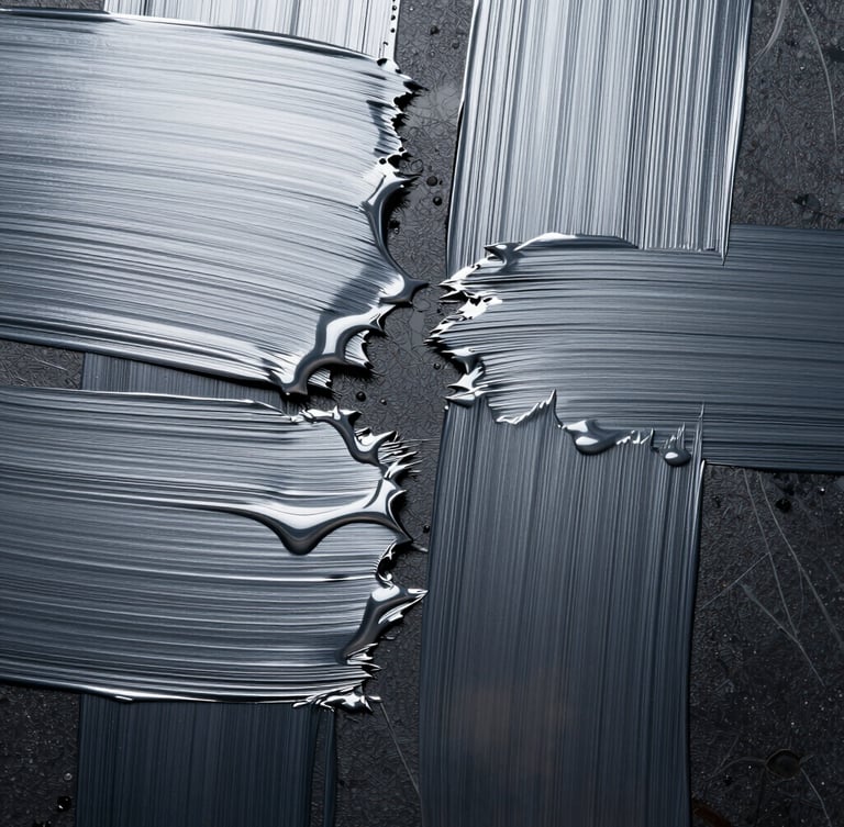 Extreme close-up of digital brush strokes on an obsidian canvas, cold silver light reflecting off liquid metallic textures, symmetrical composition