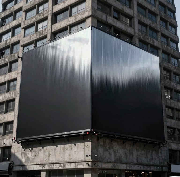 Wide panoramic view of a massive black billboard on a brutalist concrete building, dramatic low-key lighting, cold silver reflections, perfectly symmetrical framing.