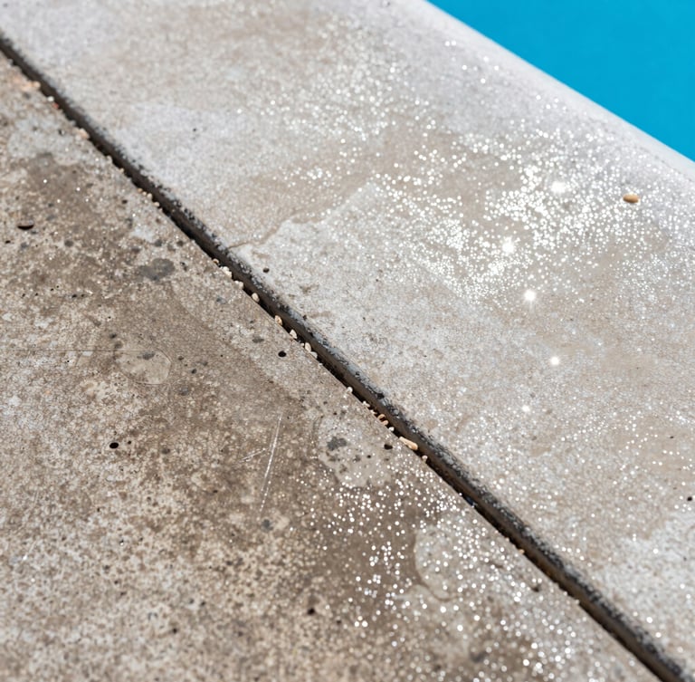 Extreme close-up of a sharp cleaning line on a weathered concrete pool deck, bright Florida sunlight, sparkling wet cleaned surface next to dark moldy uncleaned surface, 35mm
