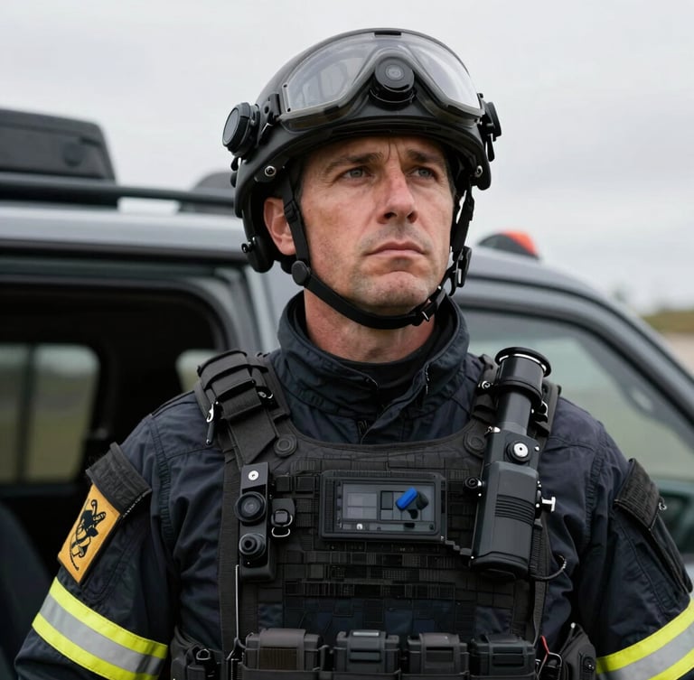 Close-up portrait of a veteran emergency director in tactical gear, focused expression, in a mobile command unit, high-contrast overcast daylight, muted charcoal and safety amber tones, sharp focus, 35mm