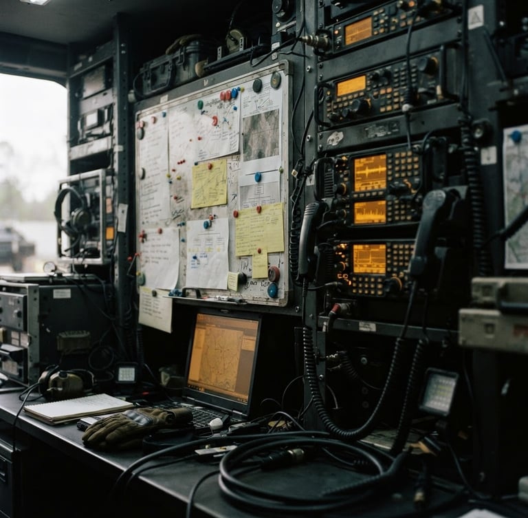 Close-up of tactical planning boards and communication gear inside an emergency mobile command unit, glowing amber screens, muted charcoal tones, sharp focus, 35mm