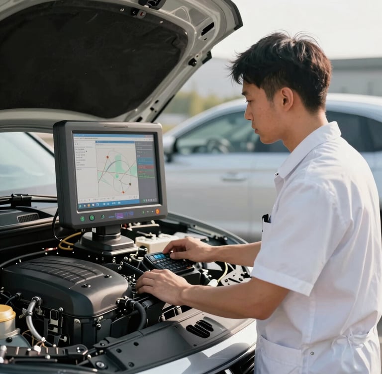 Immaculate LTH technician in a crisp uniform operating a modern digital diagnostic scanner on a premium car engine bay under clear morning light.