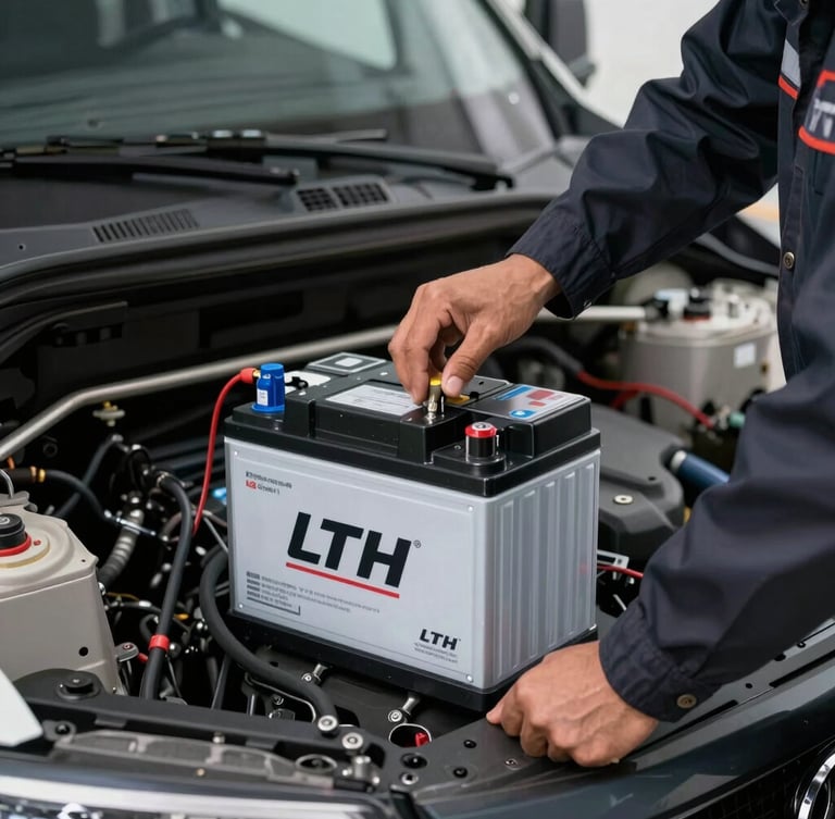 Close-up of a pristine new LTH battery being installed in a modern delivery van under a clean engine bay, operated by a technician wearing a spotless uniform.