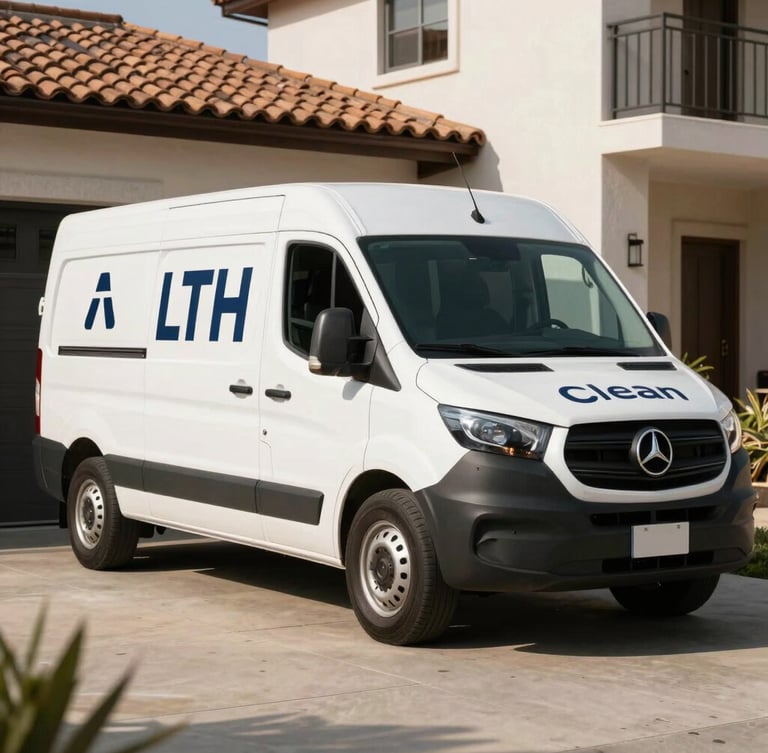 Clean branded LTH service vehicle parked in an upscale residential driveway in San Pedro Garza Garcia, bright morning light, professional framing