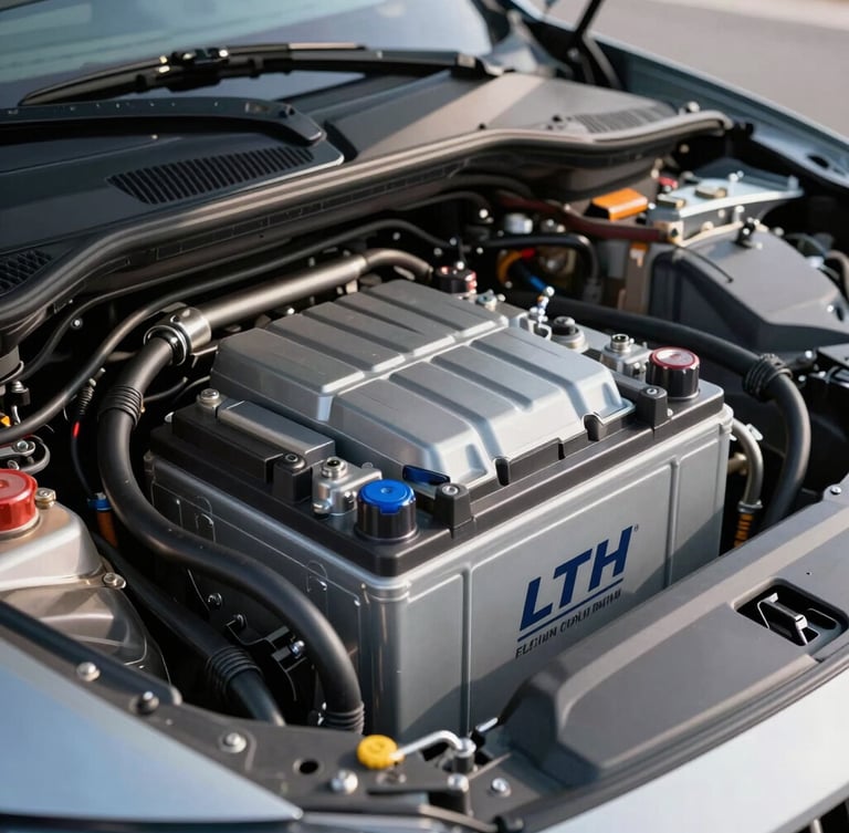 Close-up of a pristine, newly installed LTH battery under a clean luxury car engine bay, bright daylight, professional composition.