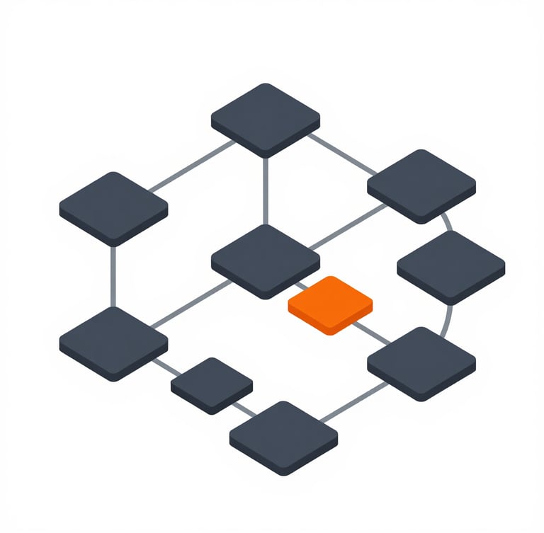 Flat vector illustration of a modular technical system diagram, clean data flows connecting node blocks, slate and safety orange accents, sharp lines, isometric angle