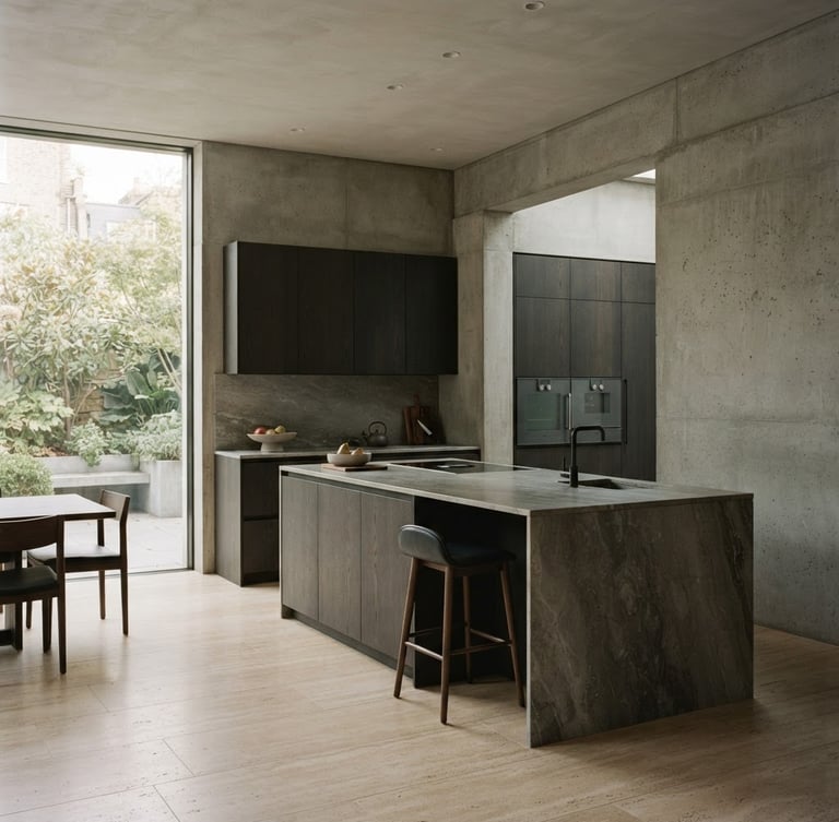 Architectural photography of a high-end minimalist kitchen, custom dark oak cabinetry integrated seamlessly into concrete walls, soft natural side-light from a large window, warm travertine floor, 35mm