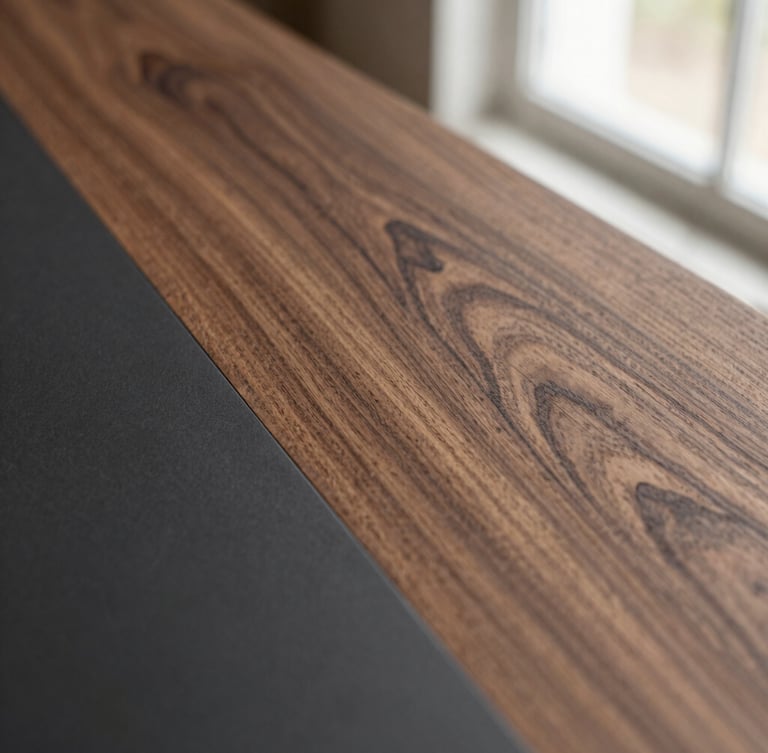 Macro close-up of premium walnut wood veneer showing fine grain textures, adjacent to a smooth matte charcoal lacquer surface, soft natural side lighting, 35mm